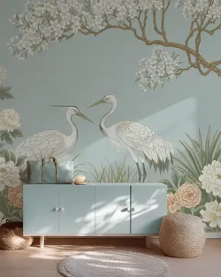 Papier peint Les aigrettes du cerisier - Bleu